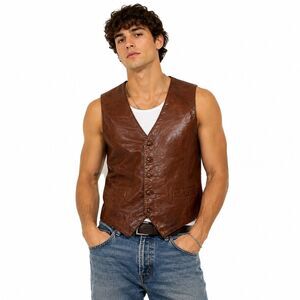 BERMAN’S Vintage Brown Genuine Leather Button Front Western Vest Men’s Large